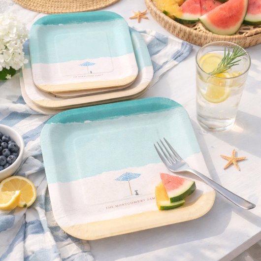 Coastal Watercolor Beach Umbrella Paper Plates ペーパープレート