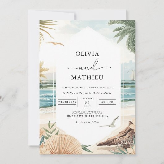 Coastal Watercolor Beach Wedding 招待状 (正面)