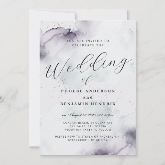 Coastal Watercolor Blue Elegant Wedding  招待状 (正面)