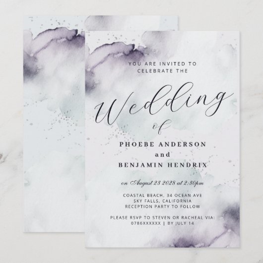 Coastal Watercolor Blue Elegant Wedding 招待状 (正面/裏面)