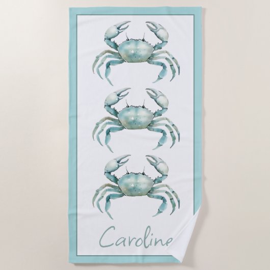 Coastal Watercolor Crab Personalized ビーチタオル (正面)