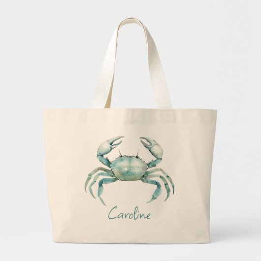 Coastal Watercolor Crab Personalized ラージトートバッグ (正面)