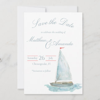 Coastal Watercolor Sailboat Save the Date 招待状