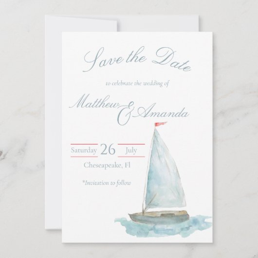 Coastal Watercolor Sailboat Save the Date 招待状 (正面)