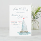 Coastal Watercolor Sailboat Save the Date 招待状 (スタンド正面)