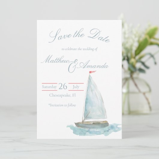 Coastal Watercolor Sailboat Save the Date 招待状 (スタンド正面)