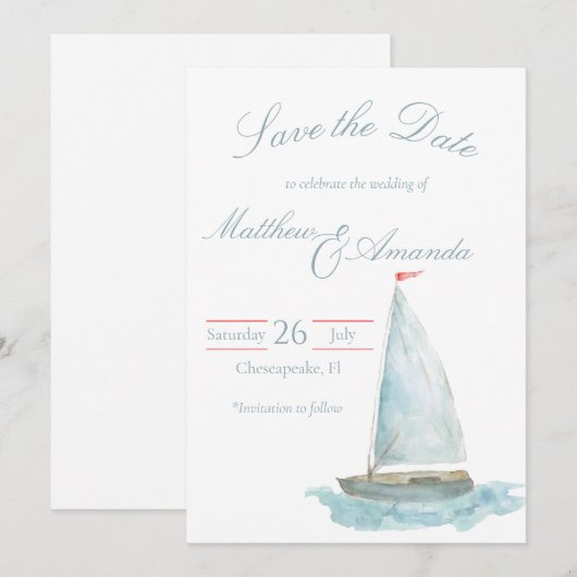 Coastal Watercolor Sailboat Save the Date 招待状 (正面/裏面)