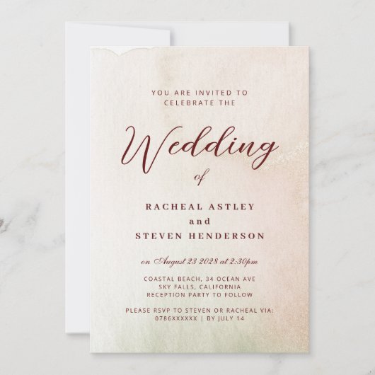 Coastal Watercolor Sepia Elegant Wedding  招待状 (正面)