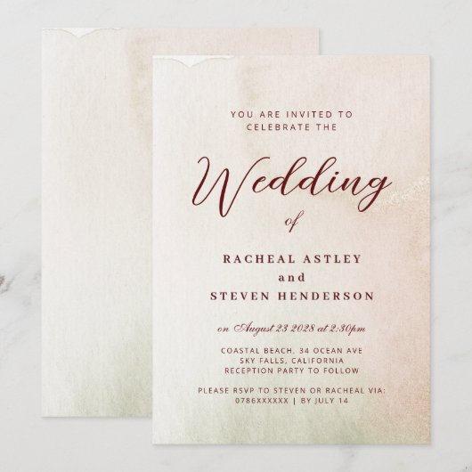 Coastal Watercolor Sepia Elegant Wedding 招待状 (正面/裏面)