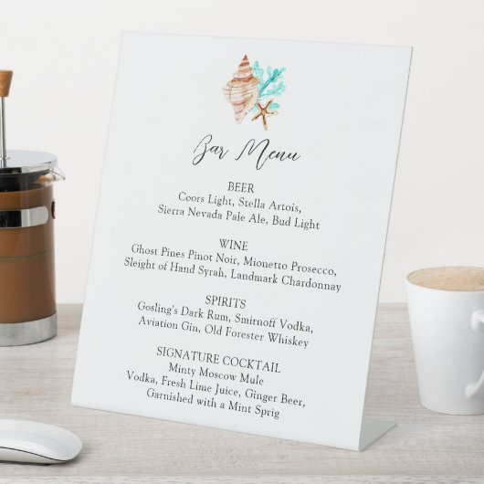 Coastal Wedding Bar Menu Elegant Script Drink List 台座サイン (インサイチュ)