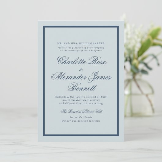 Coastal Wedding Dusty Blue Classic Script 招待状 (スタンド正面)