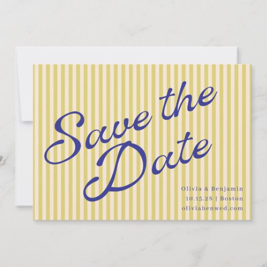 Coastal Yellow Blue Retro Stripe Wedding Script セーブザデート (正面)
