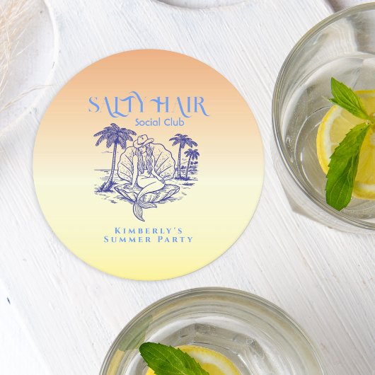 Coastal Yellow Mermaid Cowgirl Summer Party ラウンドペーパーコースター