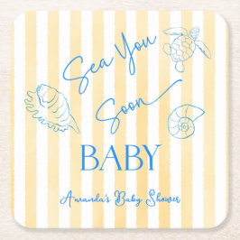 Coastal Yellow Stripes Sea You Soon Baby Shower スクエアペーパーコースター