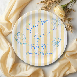 Coastal Yellow Stripes Sea You Soon Baby Shower ペーパープレート