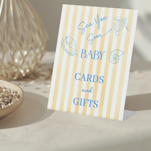 Coastal Yellow Stripes Sea You Soon Baby Shower 台座サイン