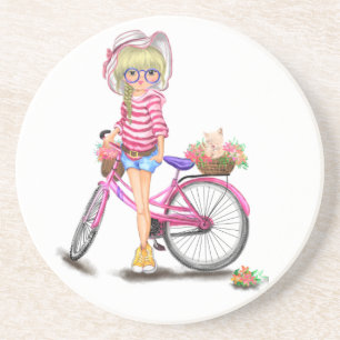 Coaster Blonde Girl with Pink Bike コースター