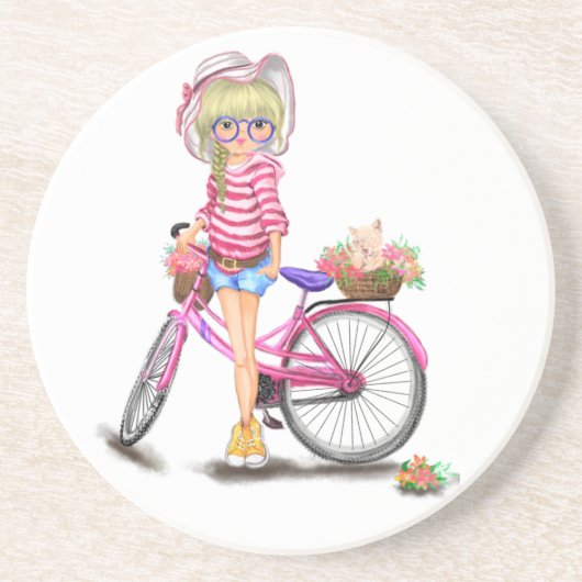 Coaster Blonde Girl with Pink Bike コースター (正面)