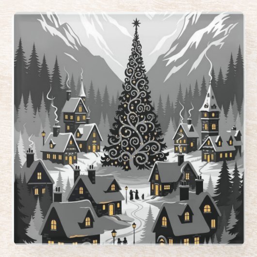 Coaster Silhouette Snowy Scene ガラスコースター (正面)