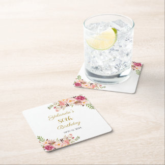 Coasters Adult 80th Birthday Floral Birthday Party スクエアペーパーコースター