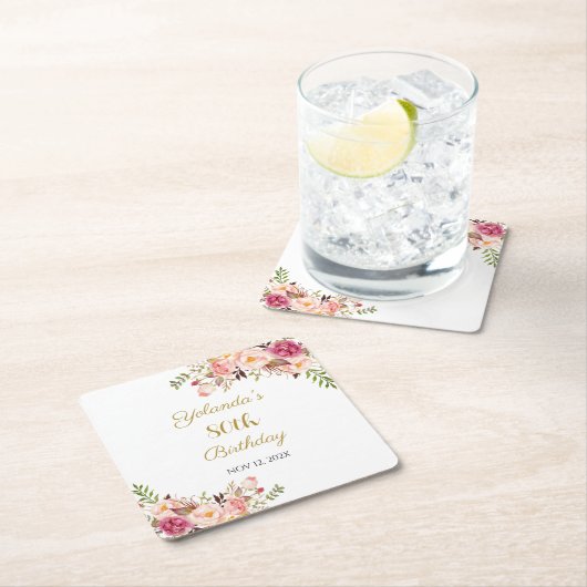 Coasters Adult 80th Birthday Floral Birthday Party スクエアペーパーコースター (インサイチュ)