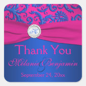 Cobaltと明るい赤紫色ダマスクの結婚式の好意ステッカー スクエアシール (正面)