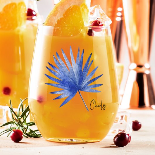 Cobaltエレガント Tropical Palm Leafの微妙な名前 ステムなしワイングラス