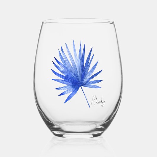 Cobaltエレガント Tropical Palm Leafの微妙な名前 ステムなしワイングラス (正面)