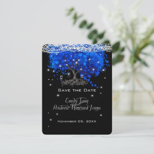Cobalt エレガント Blueハートリーフの木の日付を保存 招待状 (スタンド正面)