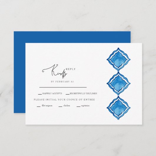 Cobalt 地中海の Blue Tile Wedding RSVPカード (正面/裏面)