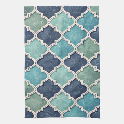 Cobalt and Teal Quatrefoil - Mediterranean Mosaic キッチンタオル (縦)
