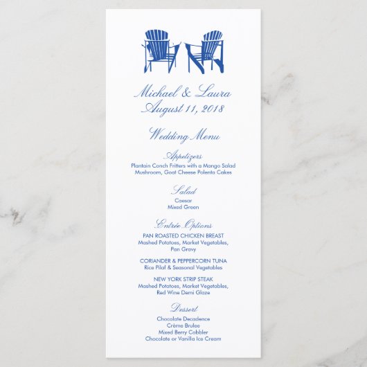Cobalt Blue Adirondackビーチチェア結婚のメニュー メニュー (正面)