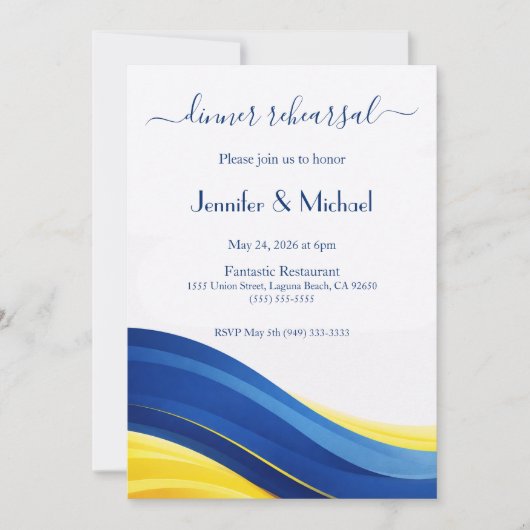 Cobalt Blue and Lemon Yellow Dinner Rehearsal  招待状 (正面)