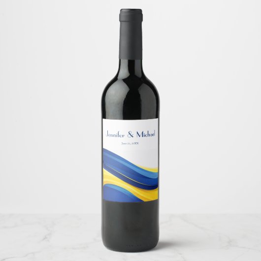 Cobalt Blue and Lemon Yellow Modern Wedding ワインラベル (正面)