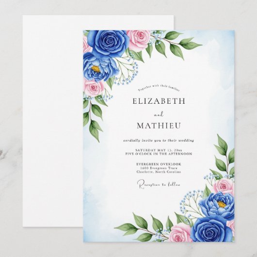 Cobalt Blue Artistic Spring Wedding 招待状 (正面/裏面)