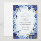 Cobalt Blue Brilliant Botanical Wedding 招待状 (正面/裏面)