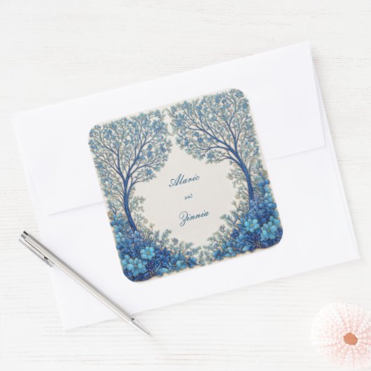 Cobalt Blue Etched Botanical Tree Arch Wedding スクエアシール (封筒)