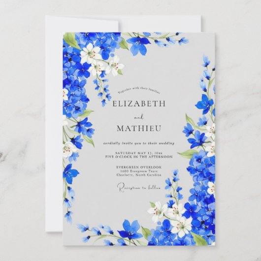 Cobalt Blue Floral Romance Wedding 招待状 (正面)