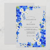 Cobalt Blue Floral Romance Wedding 招待状 (正面/裏面)