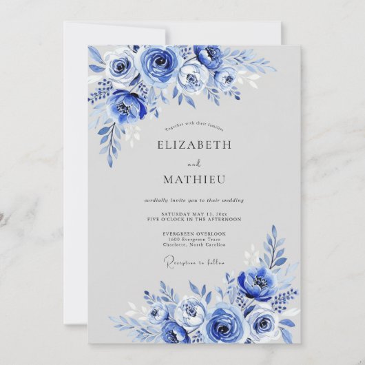 Cobalt Blue Floral Whimsy Wedding 招待状 (正面)