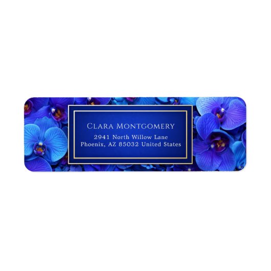 Cobalt Blue Gilded Botanical Orchid Return Address ラベル (正面)