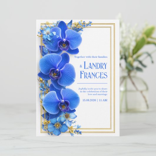 Cobalt Blue Gilded Orchid Botanical Wedding 招待状 (スタンド正面)