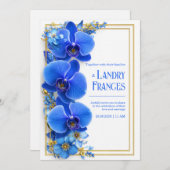 Cobalt Blue Gilded Orchid Botanical Wedding 招待状 (正面/裏面)