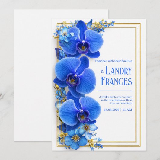 Cobalt Blue Gilded Orchid Botanical Wedding 招待状 (正面/裏面)