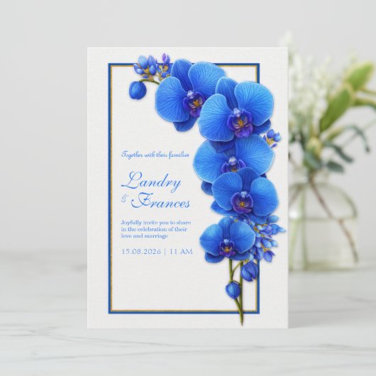 Cobalt Blue Gilded Orchid Wedding 招待状 (スタンド正面)