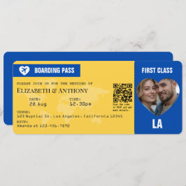 Cobalt Blue & Lemon Yellow Boarding Pass Wedding 招待状