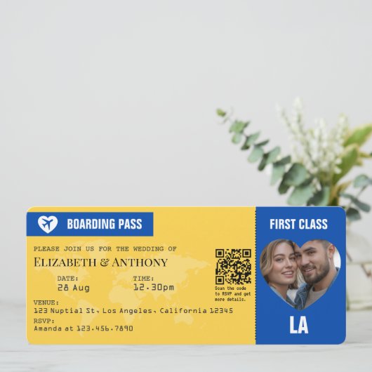 Cobalt Blue & Lemon Yellow Boarding Pass Wedding 招待状 (スタンド正面)