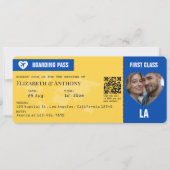 Cobalt Blue & Lemon Yellow Boarding Pass Wedding 招待状 (正面)