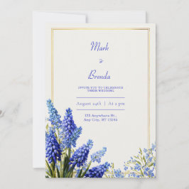 Cobalt Blue Muscari Botanical Gold Frame Wedding 招待状