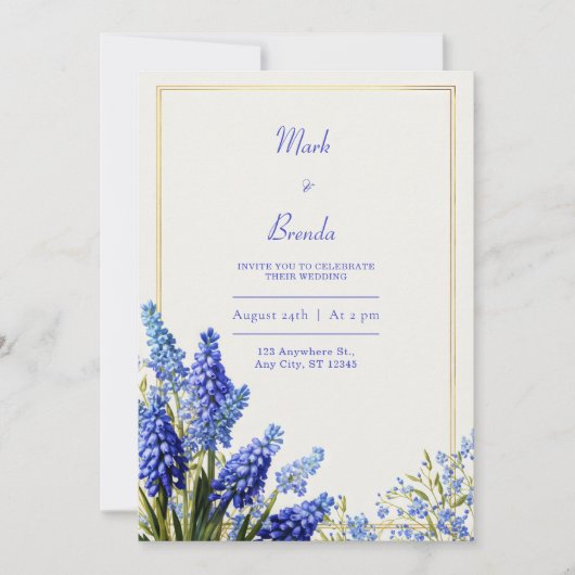 Cobalt Blue Muscari Botanical Gold Frame Wedding 招待状 (正面)